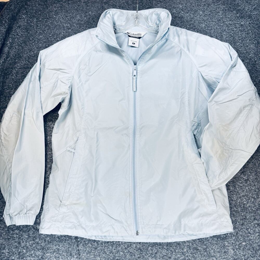 Columbia Women’s Packable Hood Full Zip MED Windbreaker Jacket Baby Blue 0318